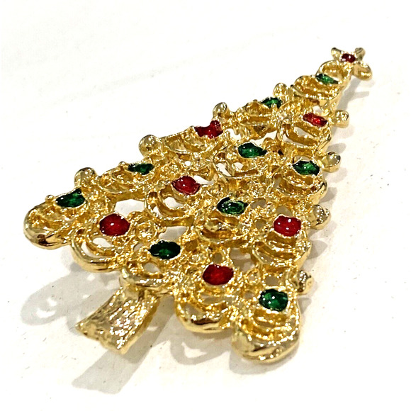 Vintage Christmas Tree brooch goldtone metal pin red green gold enamel festive - Picture 3 of 8